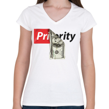 PRINTFASHION Priority - Női V-nyakú póló - Fehér női póló