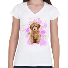 PRINTFASHION pudli - Női V-nyakú póló - Fehér női póló