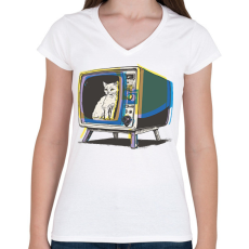 PRINTFASHION Retro TV - Női V-nyakú póló - Fehér