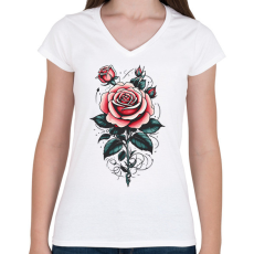 PRINTFASHION Rózsa - Női V-nyakú póló - Fehér