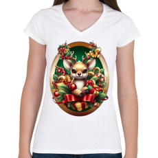 PRINTFASHION Rudolf, a piros orrú rénszarvas - Női V-nyakú póló - Fehér