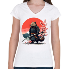 PRINTFASHION Samurai bober - Női V-nyakú póló - Fehér női póló