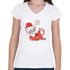 PRINTFASHION Santa Cat - Női V-nyakú póló - Fehér női póló