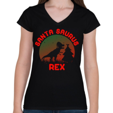PRINTFASHION Santa Saurus Rex - Női V-nyakú póló - Fekete női póló