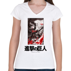 PRINTFASHION Singeki no kjodzsin - Női V-nyakú póló - Fehér