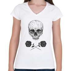 PRINTFASHION Skull N' Roses - Női V-nyakú póló - Fehér