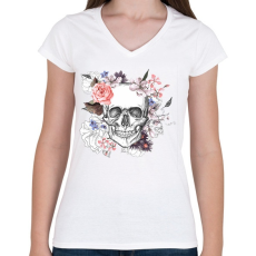 PRINTFASHION Skull with Flowers - Női V-nyakú póló - Fehér