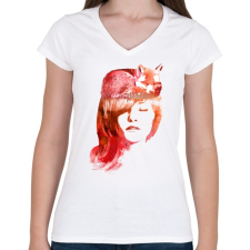 PRINTFASHION Sleep fox - Női V-nyakú póló - Fehér női póló