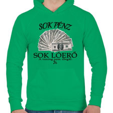 PRINTFASHION Sok pénz- Sok lóerő - Férfi kapucnis pulóver - Zöld férfi pulóver, kardigán