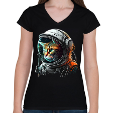PRINTFASHION Space Cat - Női V-nyakú póló - Fekete női póló
