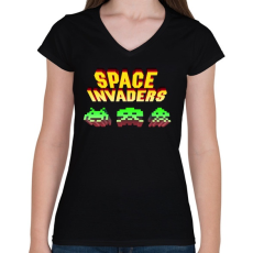 PRINTFASHION Space Invaders - Női V-nyakú póló - Fekete