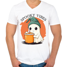 PRINTFASHION Spooky Vibes Cuki Halloween Szellem - Férfi V-nyakú póló - Fehér
