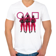 PRINTFASHION Squid game 3 soldiers with purple symbols - Férfi V-nyakú póló - Fehér férfi póló