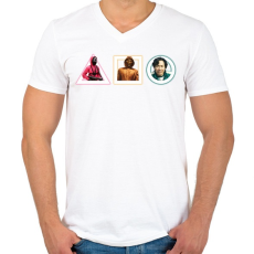 PRINTFASHION Squid Game logo és karakterek - Férfi V-nyakú póló - Fehér