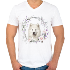 PRINTFASHION szamojéd virágokkal - Férfi V-nyakú póló - Fehér férfi póló