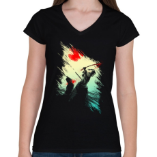 PRINTFASHION Szamuráj Finálé - Női V-nyakú póló - Fekete