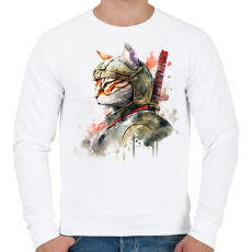 PRINTFASHION Szamuráj macska japán stílusban - Férfi pulóver - Fehér