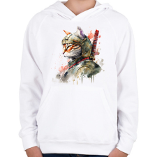 PRINTFASHION Szamuráj macska japán stílusban - Gyerek kapucnis pulóver - Fehér gyerek pulóver, kardigán