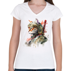 PRINTFASHION Szamuráj macska japán stílusban - Női V-nyakú póló - Fehér