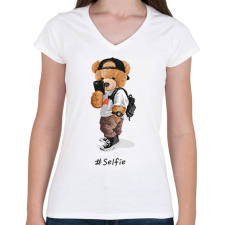 PRINTFASHION Szelfi maci - Női V-nyakú póló - Fehér női póló