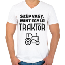PRINTFASHION Szép vagy, mint egy új traktor - Férfi V-nyakú póló - Fehér
