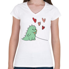 PRINTFASHION Szerelmes dínó (fiú) - Női V-nyakú póló - Fehér női póló
