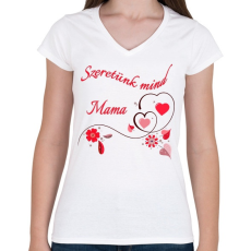 PRINTFASHION Szeretünk mind Mama - Női V-nyakú póló - Fehér