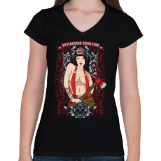 PRINTFASHION Szexi tűzoltó csaj - Női V-nyakú póló - Fekete