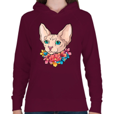 PRINTFASHION Szfinx cica virágokkal - Női kapucnis pulóver - Bordó női pulóver, kardigán