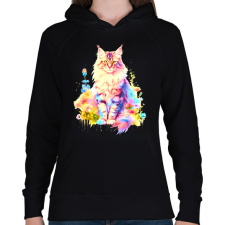 PRINTFASHION Színes maine coon - Női kapucnis pulóver - Fekete női pulóver, kardigán