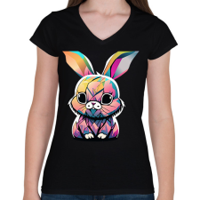 PRINTFASHION Színes nyuszi - Női V-nyakú póló - Fekete női póló