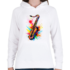 PRINTFASHION Színes szaxofon - Női kapucnis pulóver - Fehér