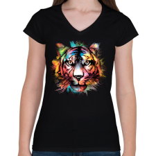 PRINTFASHION Színes tigris - Női V-nyakú póló - Fekete női póló
