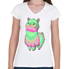 PRINTFASHION Szivárvány alpaca - Női V-nyakú póló - Fehér női póló