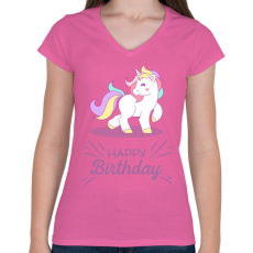 PRINTFASHION Szülinapos egyszarvú - Női V-nyakú póló - Rózsaszín