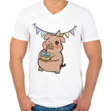 PRINTFASHION Szülinapos malac - Férfi V-nyakú póló - Fehér férfi póló