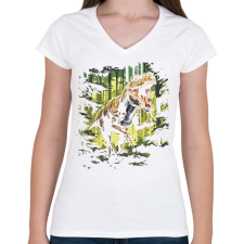 PRINTFASHION T-rex az erdőben - Női V-nyakú póló - Fehér női póló