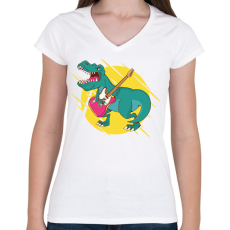 PRINTFASHION T-rex gitárral - Női V-nyakú póló - Fehér