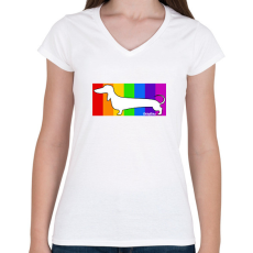 PRINTFASHION Tacskó szivárvány háttérben - Női V-nyakú póló - Fehér