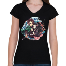 PRINTFASHION Tanjiro én Nezuko - Női V-nyakú póló - Fekete női póló