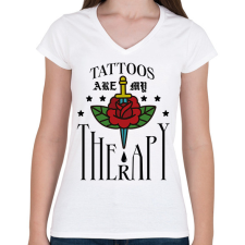 PRINTFASHION Tattoos are my therapy - Női V-nyakú póló - Fehér női póló