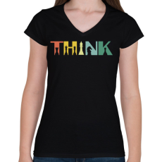 PRINTFASHION THINK - Gondolkodj - Női V-nyakú póló - Fekete