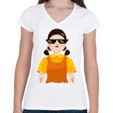 PRINTFASHION Thug Life Squid Game Doll - Női V-nyakú póló - Fehér női póló