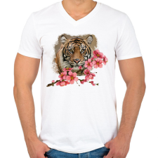PRINTFASHION Tigris virággal - Férfi V-nyakú póló - Fehér férfi póló