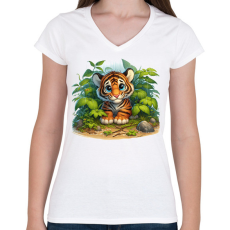 PRINTFASHION Tigriskölyök esőben - Női V-nyakú póló - Fehér