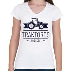 PRINTFASHION Traktoros mester - Női V-nyakú póló - Fehér