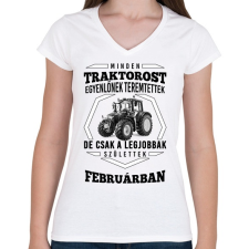 PRINTFASHION TRAKTOROS SZÜLINAP - Február - Női V-nyakú póló - Fehér női póló