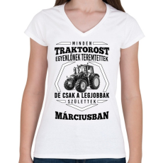 PRINTFASHION TRAKTOROS SZÜLINAP - Március - Női V-nyakú póló - Fehér