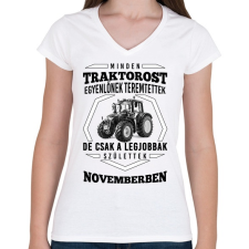 PRINTFASHION TRAKTOROS SZÜLINAP - November - Női V-nyakú póló - Fehér női póló