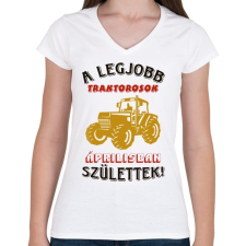 PRINTFASHION Traktoros szülinapja április - Női V-nyakú póló - Fehér női póló